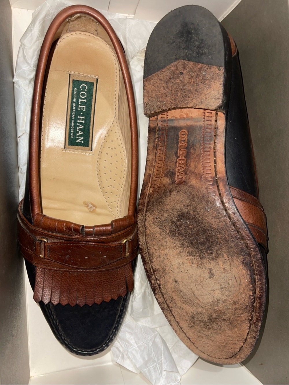 Cole Haan Brown and Black Leather Kiltie Penny Loafers